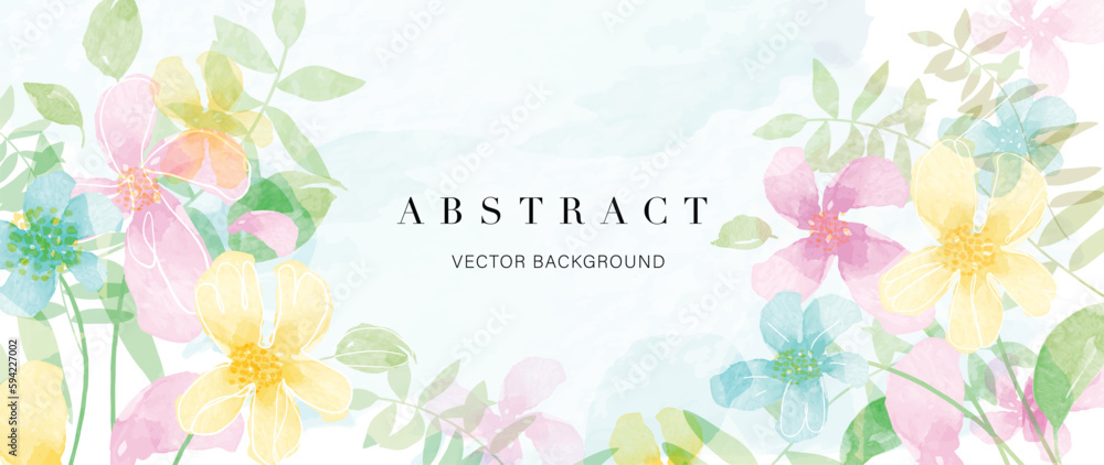 Abstract floral art background vector. Botanical watercolor hand drawn flowers paint brush line art. Design illustration for wallpaper, banner, print, poster, cover, greeting and invitation card.