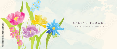 Spring floral art background vector. Botanical watercolor hand drawn flowers, leaves, plants. Blossom design illustration for wallpaper, banner, print, poster, cover, greeting and invitation card.