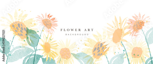 Spring floral art background vector. Botanical watercolor hand drawn sunflowers, leaves, plants. Blossom design illustration for wallpaper, banner, print, poster, cover, greeting and invitation card.