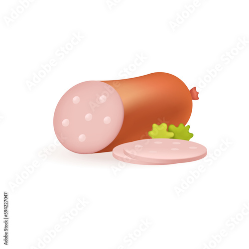 Sliced ham or sausage 3d vector illustration. Smoked meat product for cooking or restaurant in cartoon style isolated on white background. Fast food, shop, menu concept