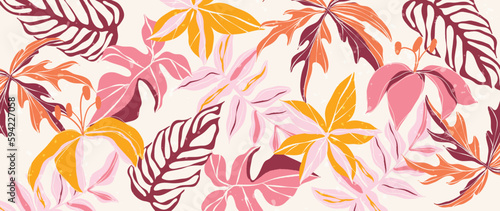Fototapeta Naklejka Na Ścianę i Meble -  Abstract floral art background vector. Botanical hand drawn tropical leaves, lilly. Blossom pattern design illustration for wallpaper, banner, print, poster, cover, greeting and invitation card.