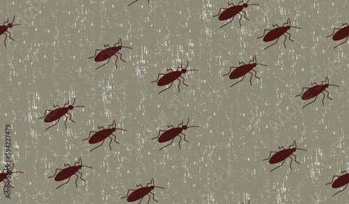 Brown bugs crawling. Seamless pattern with small cockroaches on textured background. Vector illustration.