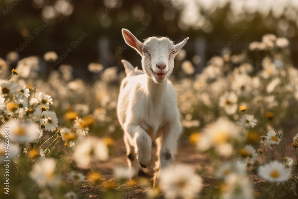 Baby goat jumping in a field. Photorealistic generative AI illustration Baby goat jumping in a field. Photorealistic generative AI illustration