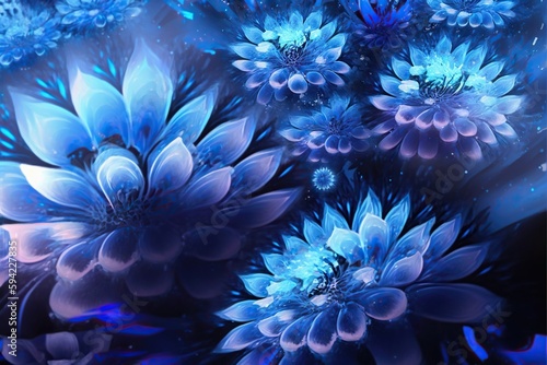Fantasy glowing blue flowers background. Generative AI illustration