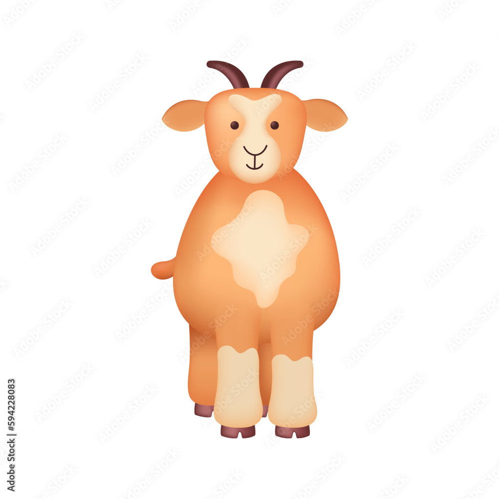 Brown goat smiling 3d vector illustration. Adorable domestic or wild animal standing in cartoon style isolated on white background. Animal, nature, farm concept