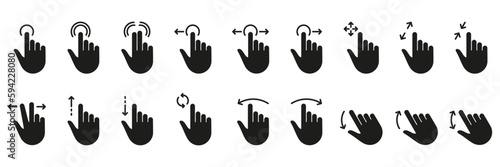 Hand Finger Touch, Swipe and Drag Silhouette Icon Set. Gesture Slide Left and Right Black Solid Pictogram. Pinch Screen, Rotate Up Down on Screen Glyph Icons. Isolated Vector Illustration