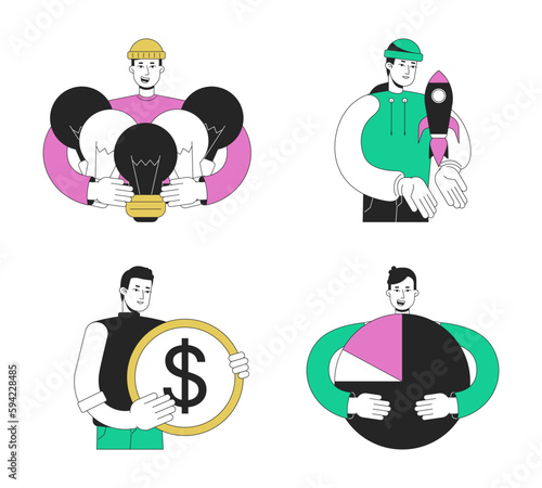 Startup pre launch strategy flat line concept vector spot illustrations pack. Plan 2D cartoon outline characters on white for web UI design. Editable hero images set for website landing, mobile header photo