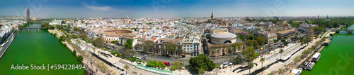 Aerial view of Sevilla, Spain. City skyline along the river