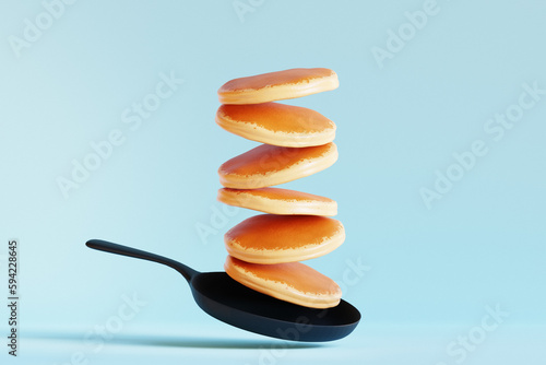 Realistic food. Flying pancakes on pan. 3D render