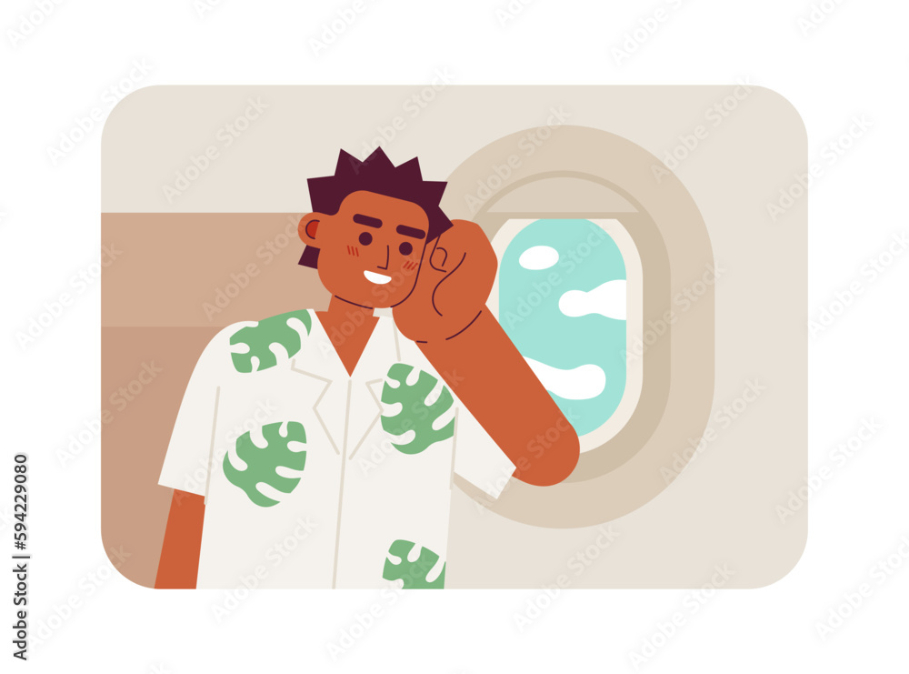 Traveling by plane on summer vacation 2D vector isolated spot illustration. Tourist sitting near porthole flat character on cartoon background. Colorful editable scene for website landing, mobile app