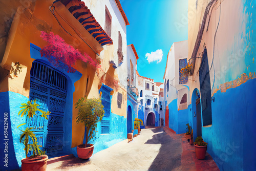 Street view of historic Morrocan alley with colorful houses (Generative AI)