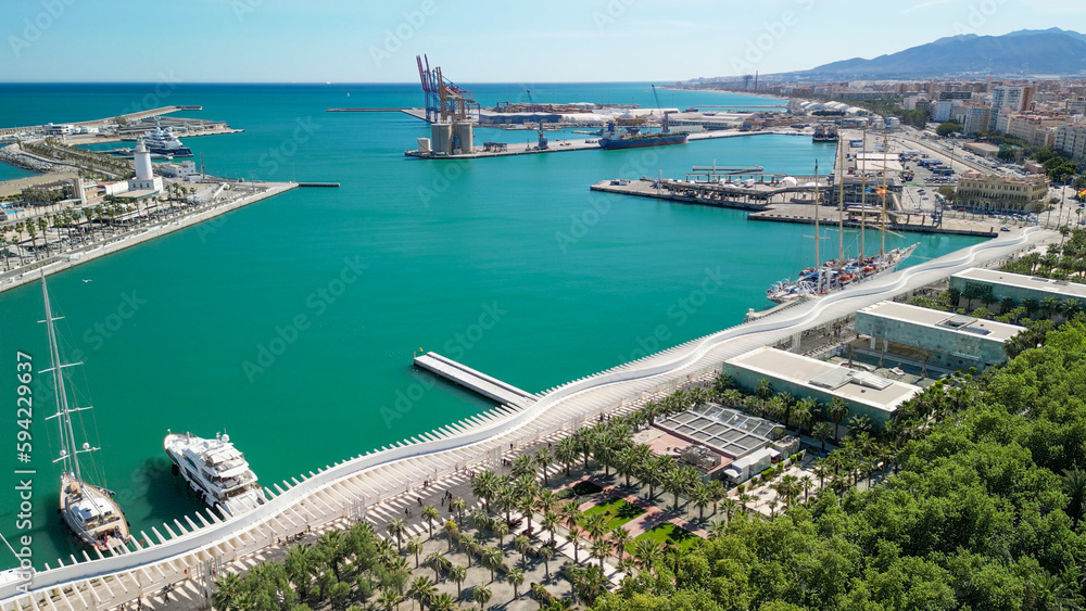 Malaga, Andalusia. Aerial view of city skyline along the port area