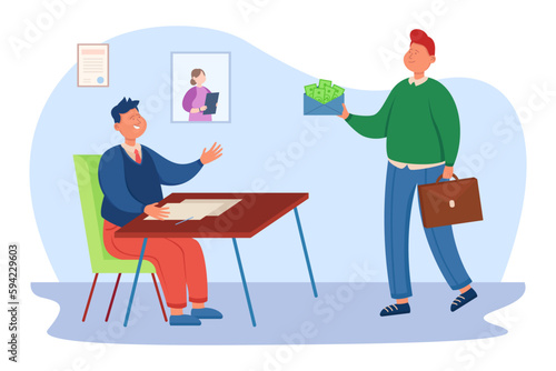 Man giving bribe to happy businessman sitting at office desk. Office worker holding envelope with money, illegal activity for promotion vector illustration. Corruption, bribery, finances concept