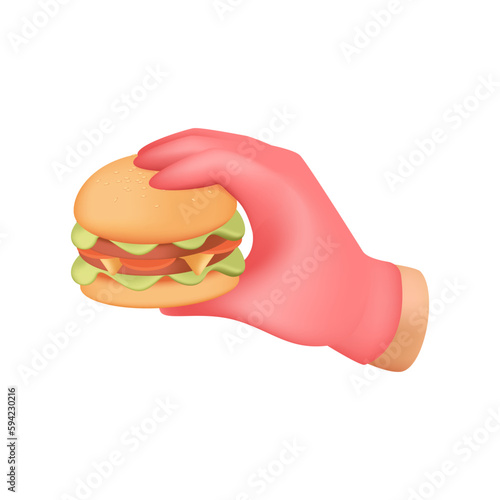 Hand holding hamburger 3d vector illustration. Restaurant cook making burger in cartoon style isolated on white background. Fast food, shop, menu concept