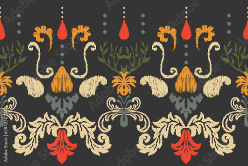 Ikat embroidery on black background.geometric ethnic oriental pattern traditional.Aztec style abstract vector illustration.