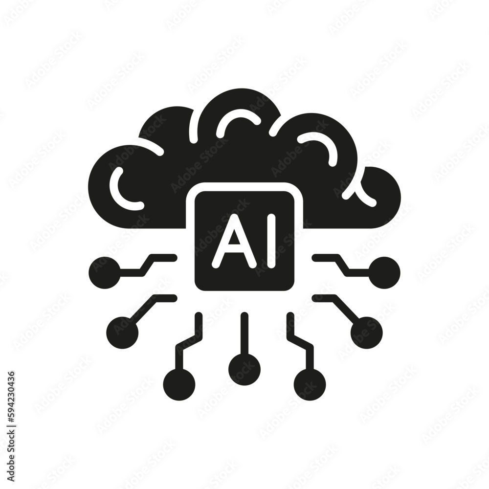 Artificial Intelligence Silhouette Symbol on White Background. Human Brain with Circuit. Digital Technology Concept Black Solid Icon. Tech Science Glyph Pictogram. Isolated Vector Illustration