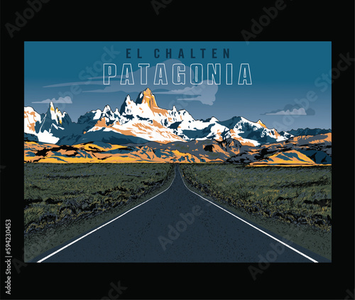 el chalten patagonia vector illustration, realistic mountain vector, patagonia landscape vector drawing, mountain vector art for calendar, poster, print  