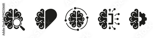 Artificial Intelligence Glyph Symbol on White Background. Tech Science, Brainstorm, Knowledge Black Silhouette Icon. Human Brain and AI Solid Pictogram Collection. Isolated Vector Illustratio