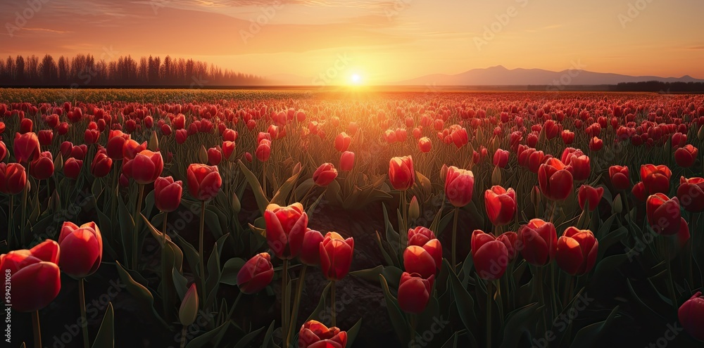 Tulip flower field on beautiful sunset landscape. Generative AI