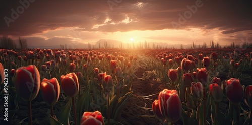 Tulip flower field on beautiful sunset landscape. Generative AI