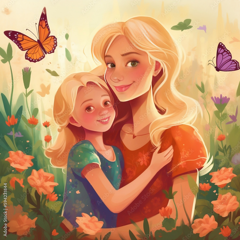 Mother's Day. Mother with daughter in a garden full of flowers, smiling. Mother's Day. Mother with daughter in a garden full of flowers, smiling.