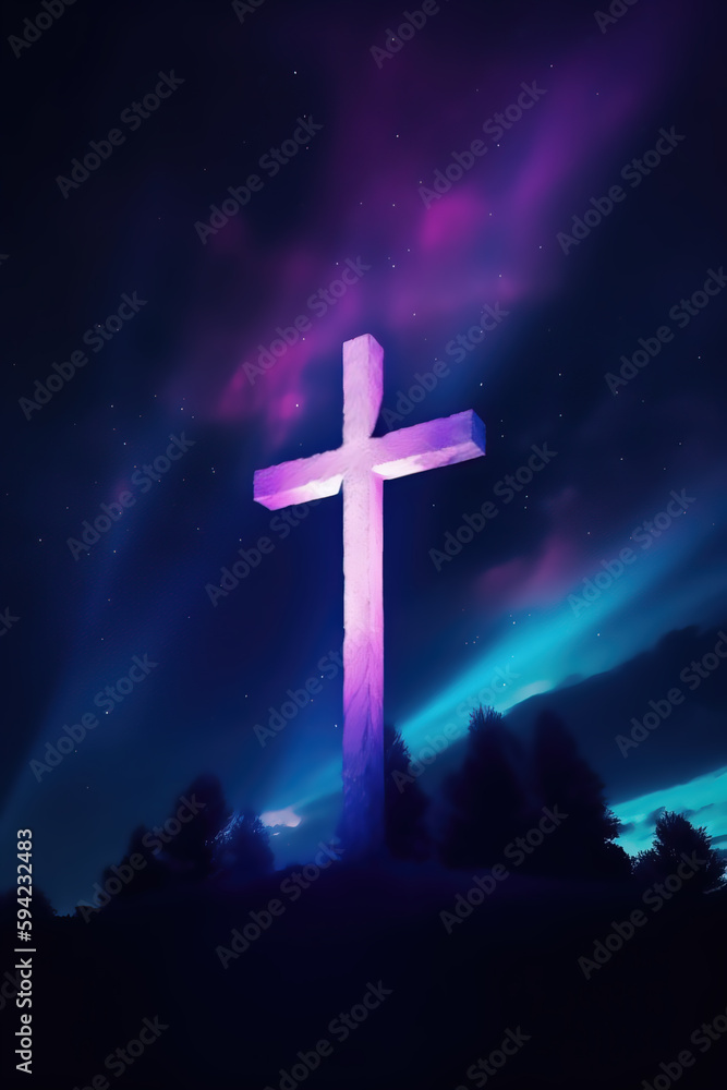 An atmospheric illuminated cross on the mountain at night, belief, faith and spirituality, crucifixion and resurrection of Jesus Christ at Easter, Generative AI