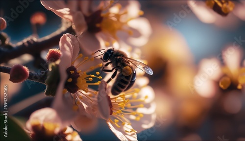 Magnification macro photography bees picking flowers. Generative AI.