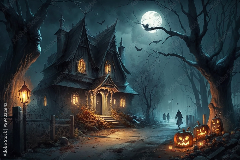 Spooky halloween haunted house with full moon and jack-o-lanterns. Generative AI