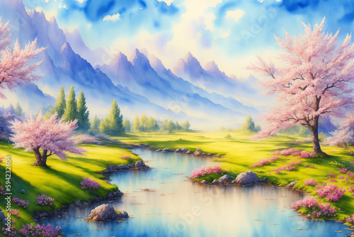 watercolor spring landscape created with Generative AI technology