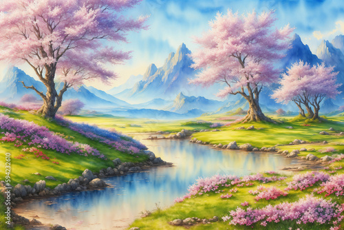 watercolor spring landscape created with Generative AI technology © magann