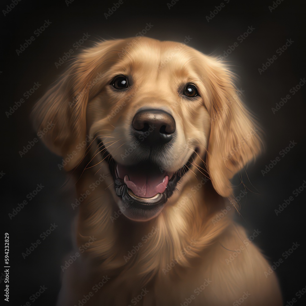 A cute golden retriever portrait. Cute golden retriever dog. Smiling golden retriever. Generative AI.