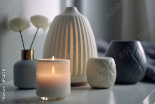 Candles in jars bedroom interior hyper realistic. Peaceful spa concept. Generative AI.