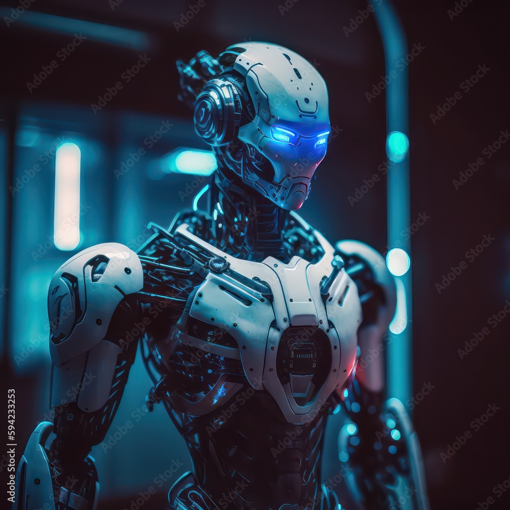 Humanoid robot with cinematic scene. Generative AI.