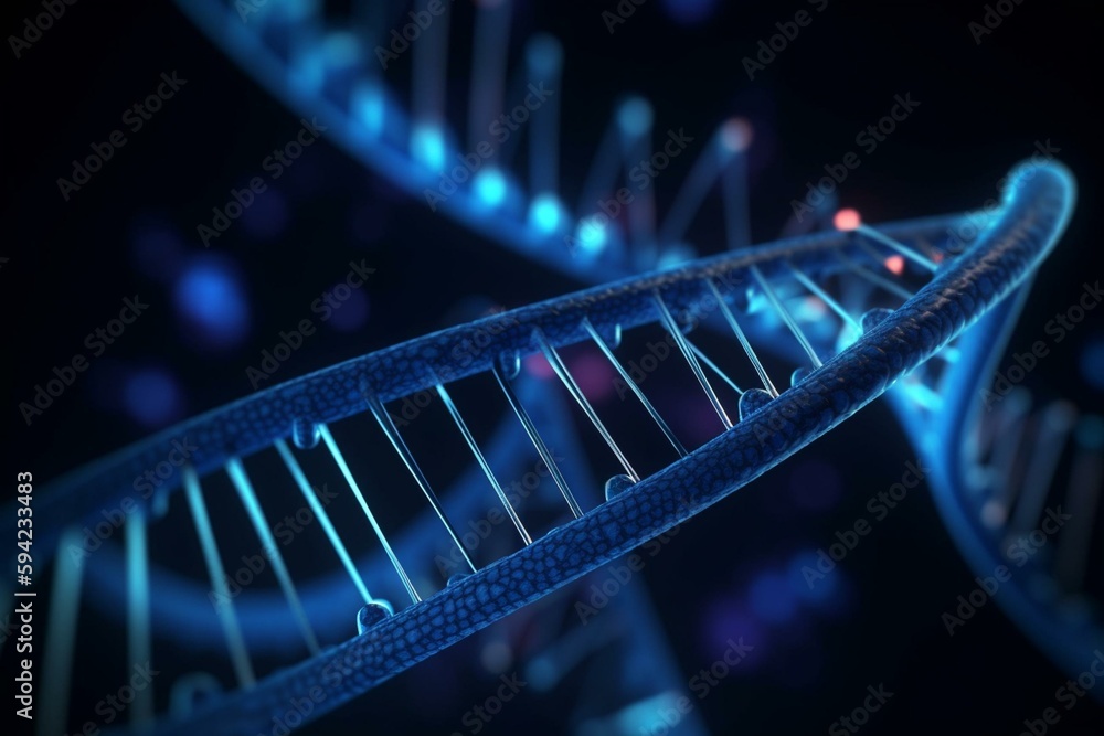 DNA structure. Abstract biotechnology background. Double helix. 3d illustration. Blue color. Generative AI