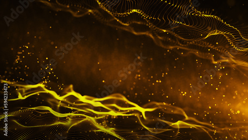 Beautiful Golden Particles Wave and light abstract background with shining particle floor flare. Futuristic glittering Luxurious gold bokeh background.