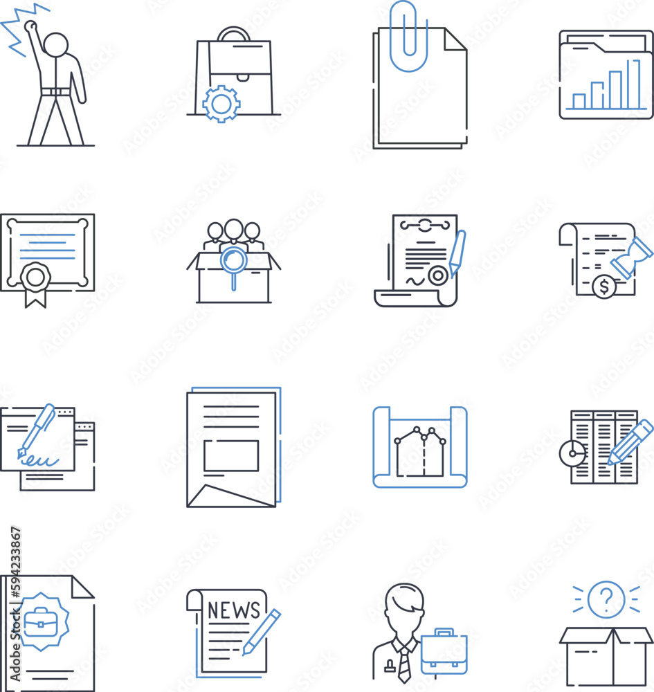 Record processing line icons collection. Sorting, Indexing, Inputting, Exporting, Archiving, Storing, Retrieval vector and linear illustration. Validation,Deduplication,Filtering outline signs set