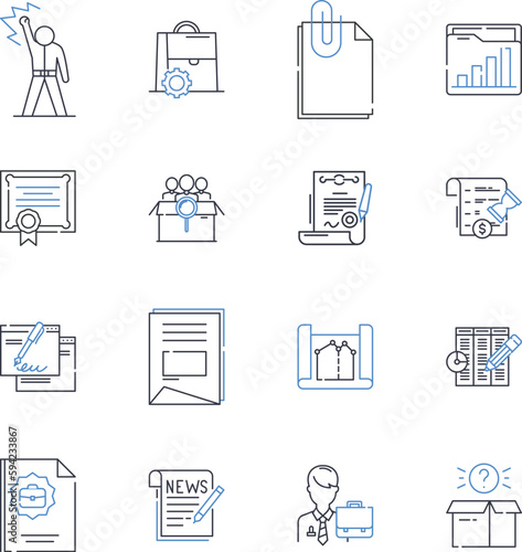 Record processing line icons collection. Sorting, Indexing, Inputting, Exporting, Archiving, Storing, Retrieval vector and linear illustration. Validation,Deduplication,Filtering outline signs set