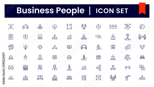 Business people line icons set. Businessman outline icons collection. Teamwork, human resources, meeting, partnership, meeting, work group, success, resume - stock vector.