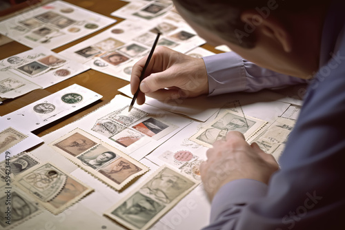 PHILATELIST AND HIS STAMPS. AI ILLUSTRATION. COLOR. HORIZONTAL.