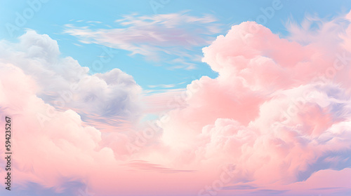 ピンクとブルーの空と雲のイラスト背景 Generative AI