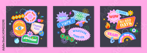 Vector set of cute funny templates with patches and stickers in 90s style.Modern symbols in y2k aesthetic with text.Trendy acid designs for banners,social media marketing,branding,packaging,covers
