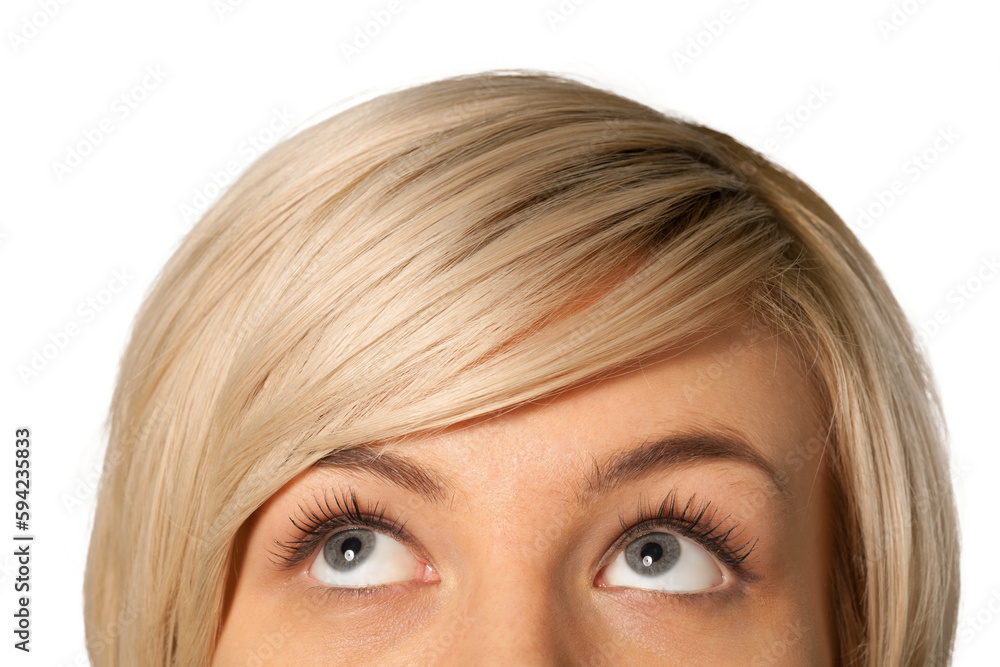 Cropped image of a young woman looking up isolated on white background Cropped image of a young woman looking up isolated on white background