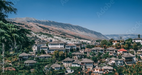 a city in the middle of a forest surrounded by mountains