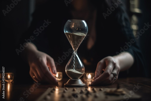 woman sitting at a table with an hourglass in front of her