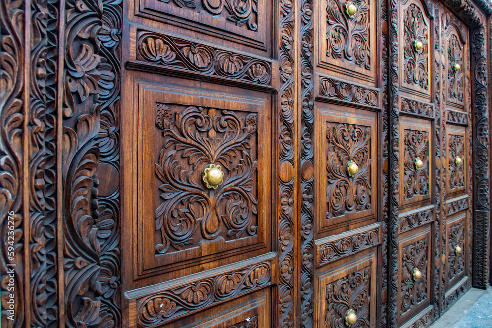
City of Stone Town Zanzibar, Tanzania Island capital with the historic wooden doors
