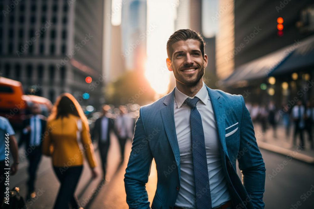 Naklejka premium The backdrop is a picture of a business street. surrounded by modern buildings, in the evening which is a blur and bokeh