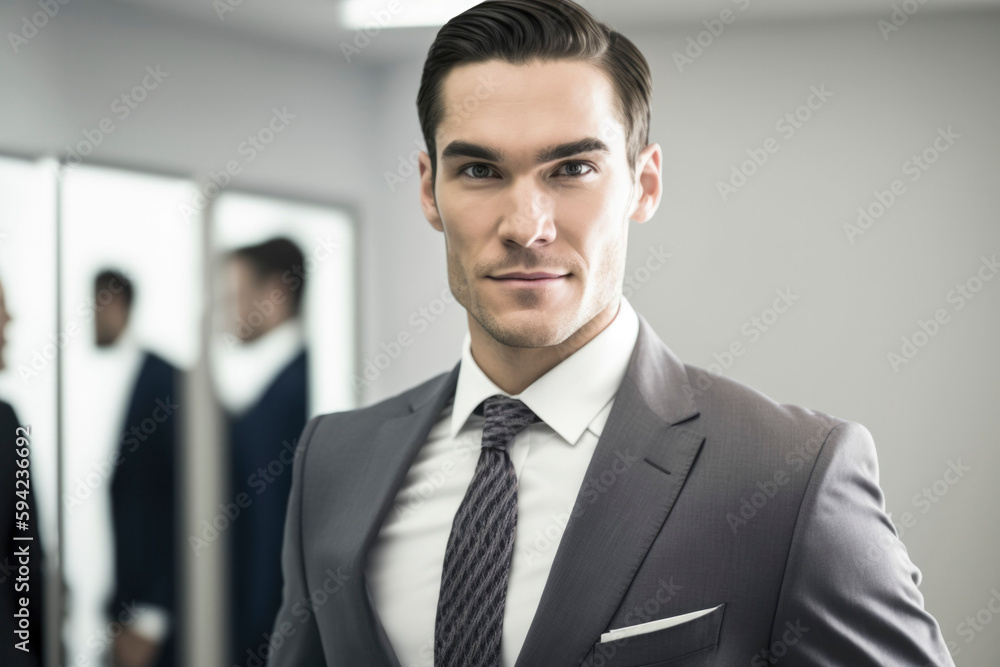 Gorgeous young businesspeople with confident expressions in the workplace, a meeting being held by other employees in the background, and a smile on their face Gorgeous young businesspeople with confident expressions in the workplace, a meeting being held by other employees in the background, and a smile on their face