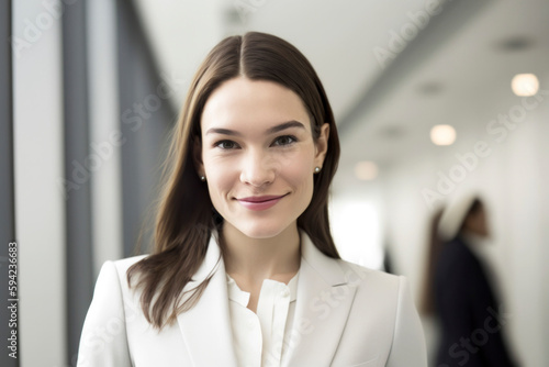 Gorgeous young businesspeople with confident expressions in the workplace, a meeting being held by other employees in the background, and a smile on their face
