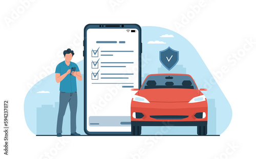 Car insurance concept. A man draws up an insurance policy for a car online on a smartphone. Vector illustration.