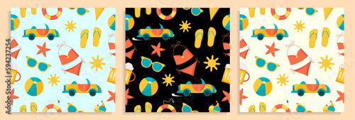 Collection of three variants of summer pattern in a flat design.